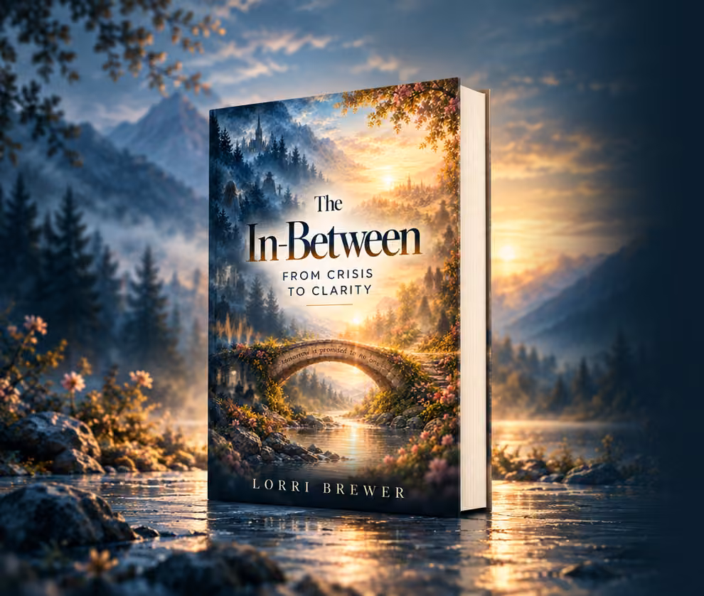 The In-Between by Lorri Brewer, shown as an upright three-dimensional book in a misty mountain landscape