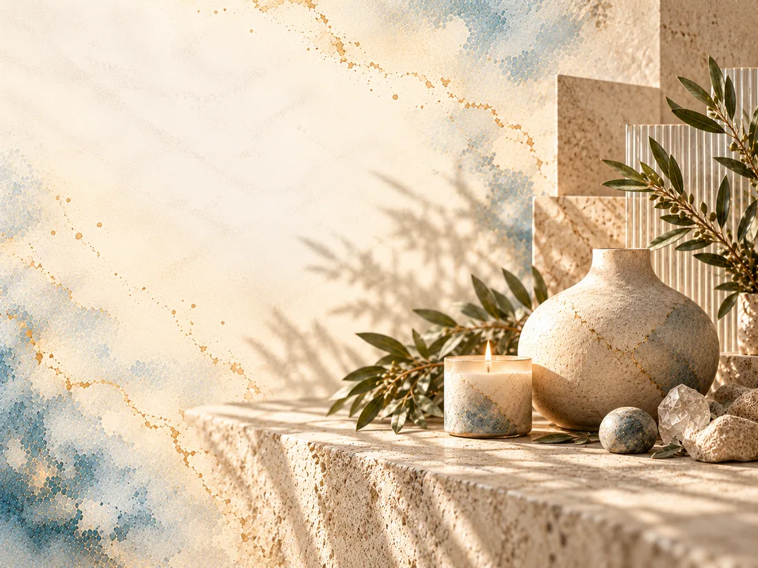 A candle and ceramic vase surrounded by greenery.