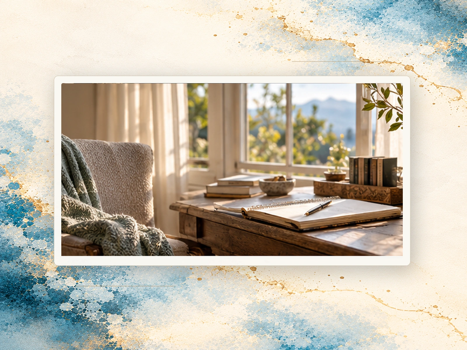A sunlit desk with a journal and pen beside a comfortable chair.