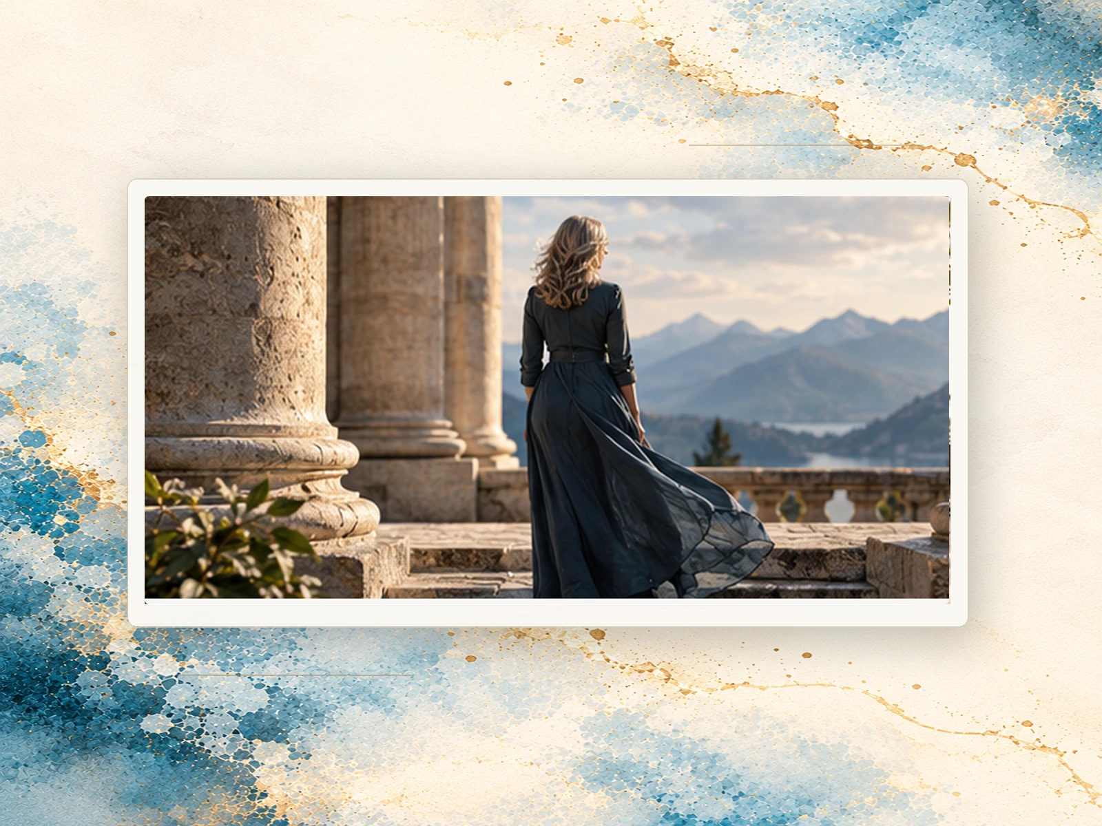 A woman overlooking distant mountains from a terrace framed by stone columns.
