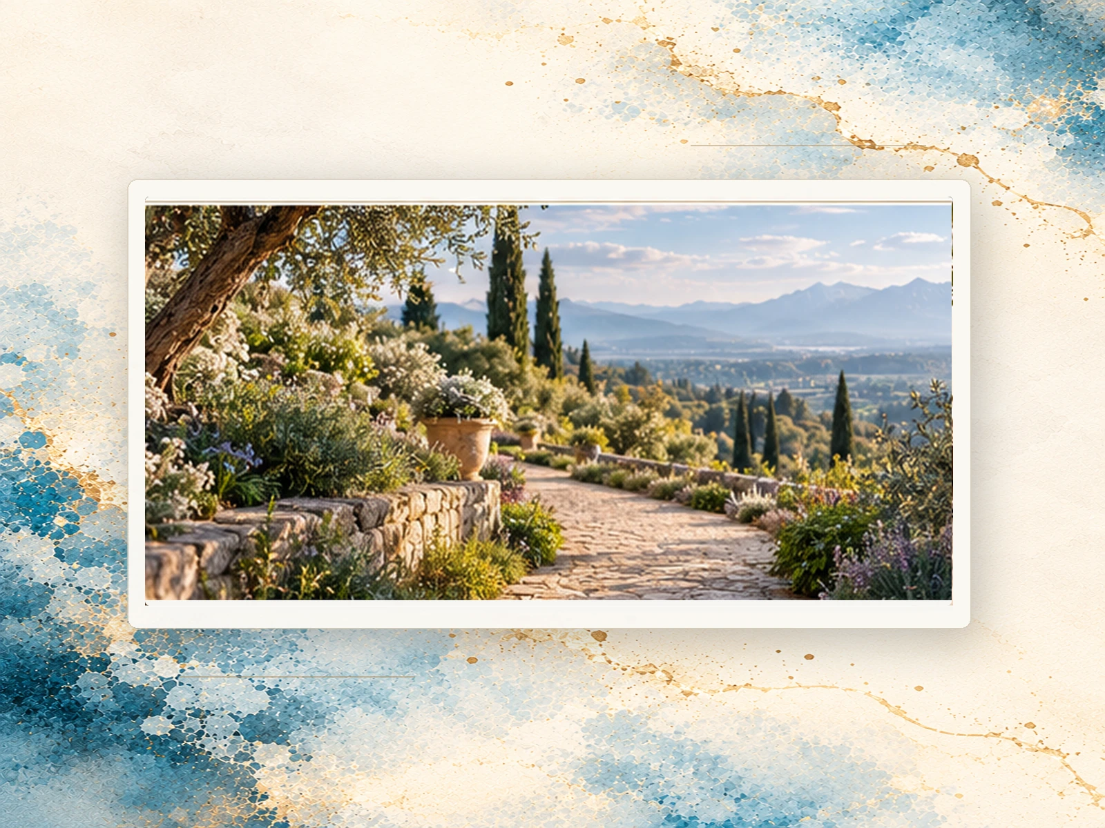 A garden path winding through greenery toward distant mountains.