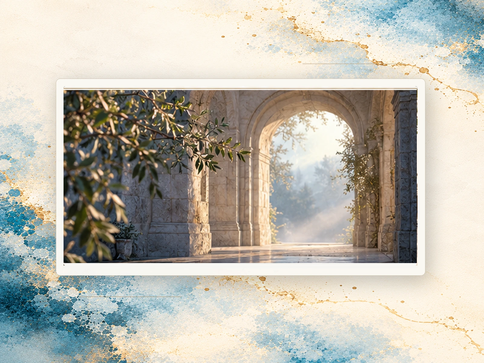Soft sunlight shining through a stone archway toward a peaceful landscape.