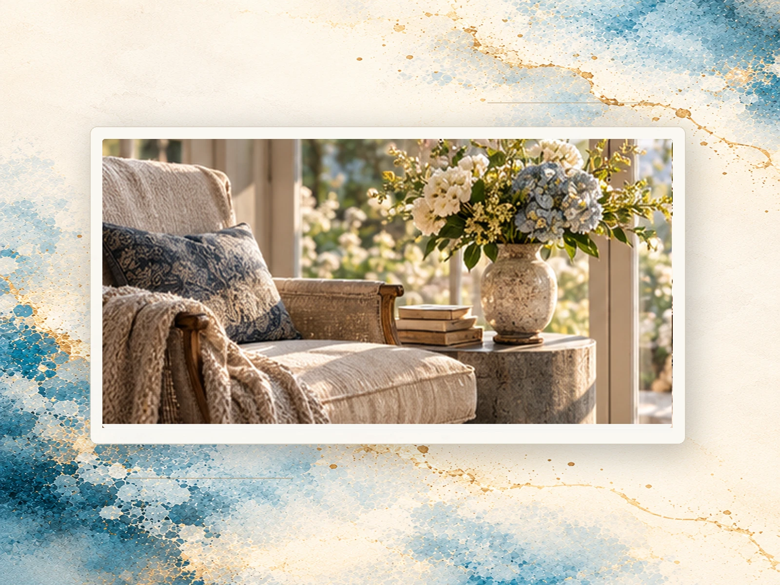 An inviting armchair near a vase of flowers, books, and a garden window.